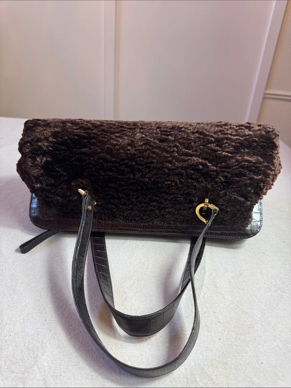 Kate Spade Plush Faux-Shearling Shoulder Bag in Dark Brown